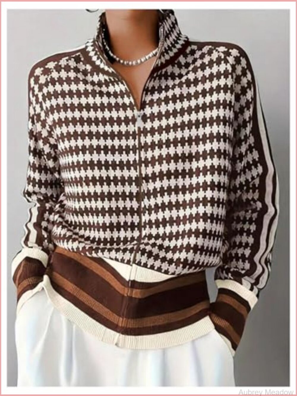 Zip Up Houndstooth Pattern Knit Cardigan Long Sleeve Casual - Picture 2 of 3